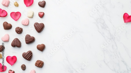 Assorted Heart-Shaped Chocolates with Petals on Marble Background for Romantic Celebrations