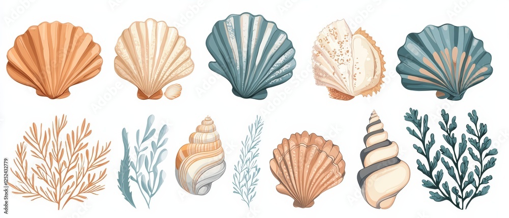 Set of Flat Vector Illustrations of Various Seashells and Marine Plants in Soft Colors for Creative Projects