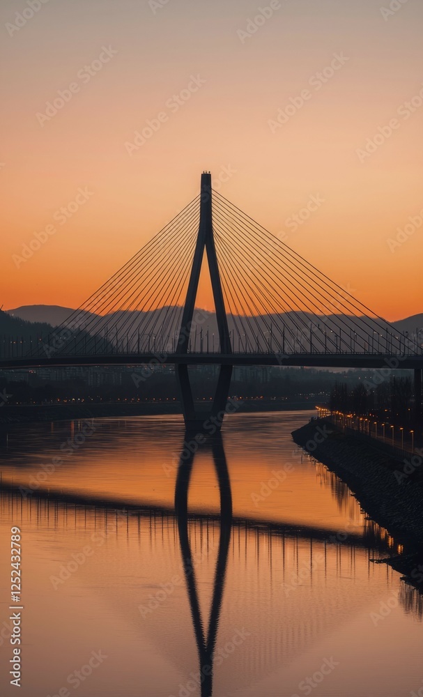 Obraz premium Scenic river reflects the bridge at dusk, with mountains and twilight sky