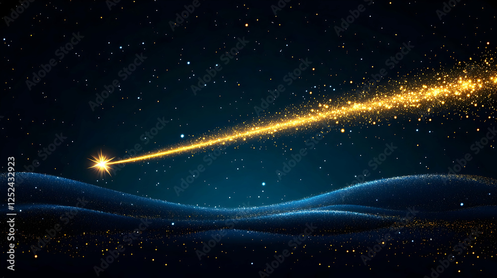 Obraz premium Isolated on a dark, opulent, horizontal background is a golden, sparkling star. Vector design element