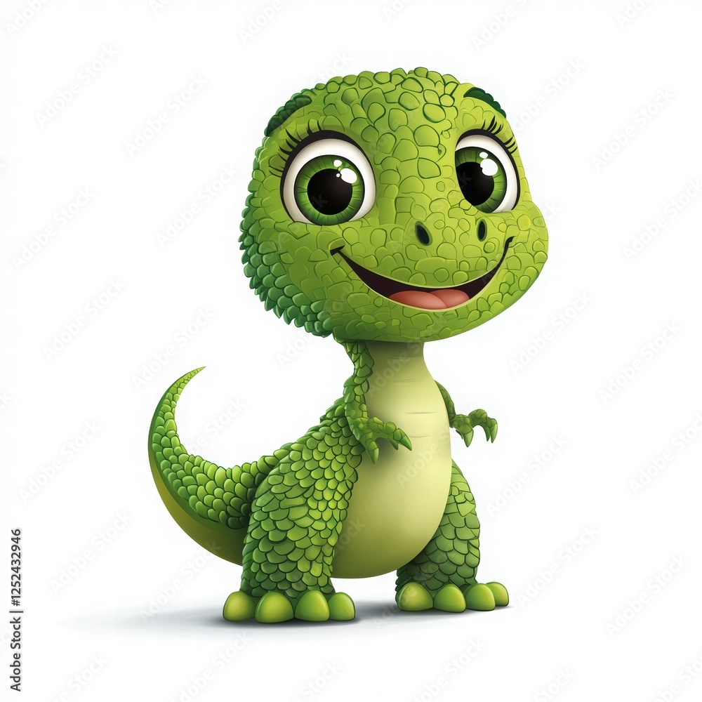 Fototapeta premium Cheerful Cartoon Dinosaur Character Smiling Playfully with Vibrant Green Colors and Big Eyes