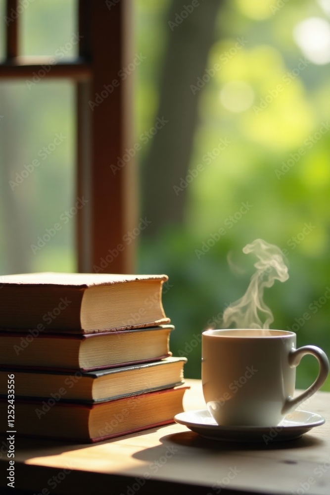 Serene morning with a warm beverage and a stack of books near a sunlit window Serene morning with a warm beverage and a stack of books near a sunlit window