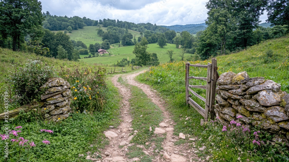 Obraz premium Winding dirt path leads through an open wooden gate and stone walls into lush green rolling hills under an overcast sky.