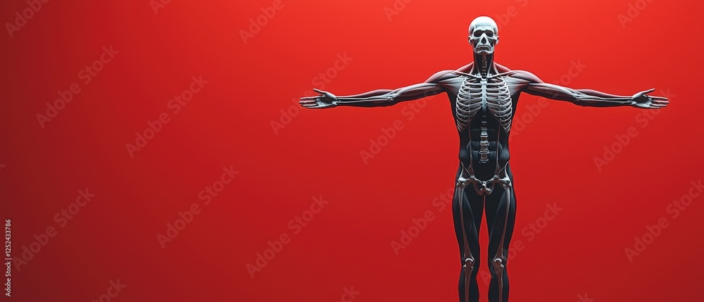 Human Body Anatomy Model with Visible Muscles and Skeleton Against Bright Background Human Body Anatomy Model with Visible Muscles and Skeleton Against Bright Background