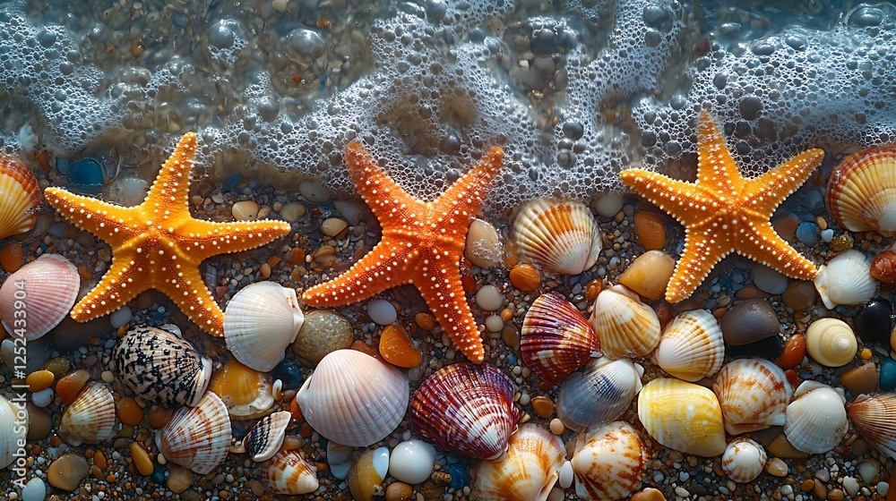 Bright tropical starfish among delicate seashells scattered across a sunlit beach near rolling waves Bright tropical starfish among delicate seashells scattered across a sunlit beach near rolling waves