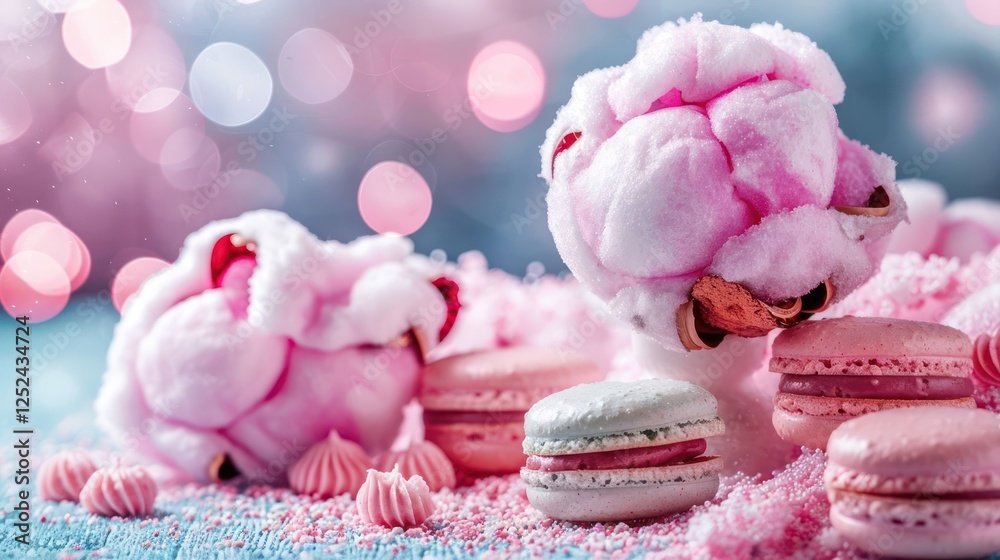 A whimsical display of pink cotton candy and macarons, evoking a sweet, playful atmosphere. A whimsical display of pink cotton candy and macarons, evoking a sweet, playful atmosphere.