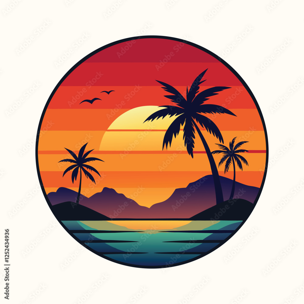 Fototapeta premium Abstract colorful summer beach, palm tree, retro, 80s style logo vector illustration 