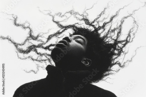 Woman tossing her hair up, in black and white, against a neutral background photo