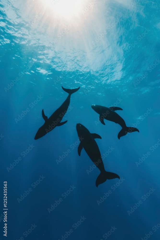 Fototapeta premium Dolphins swim in the blue ocean with sun rays for travel or marine life