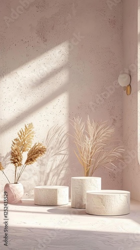 three vases with plants in them on a white table for photo product background photo