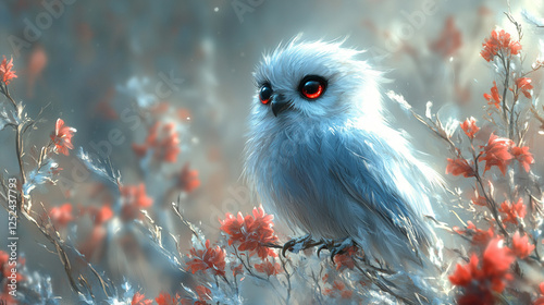 A cyberpunk-inspired owl with sleek white feathers and glowing red eyes symbolizes wisdom and futuristic intelligence. Set against a modern blurred background, it evokes mystery and advanced technolog photo