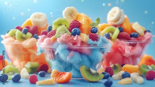 Colorful bowls of cotton candy topped with fresh fruits like bananas, berries, and kiwis. photo