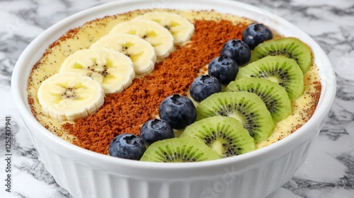 Colorful Smoothie Bowl Topped with Banana Blueberry Kiwi Slices and Cocoa Powder on Marble photo