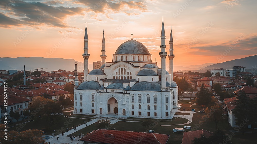 Fototapeta premium Majestic Sunset over the White Mosque in Pristina, Kosovo