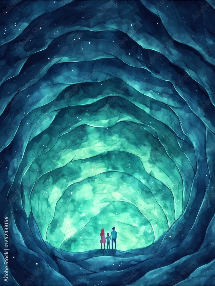 Obraz premium A mesmerizing cave scene with three figures standing in awe, surrounded by vibrant blue and green hues, evoking a sense of wonder and exploration.