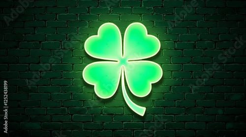 Neon green four-leaf clover sign glowing on a dark brick wall for luck and St. Patrick's Day decor