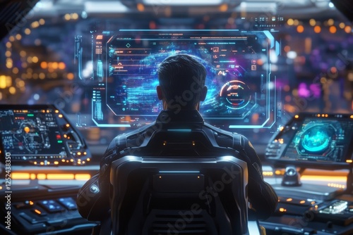 Fototapeta Naklejka Na Ścianę i Meble -  Futuristic Spaceship Bridge: A Lone Operator Navigates the Cosmos