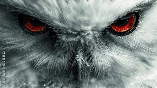 A cyberpunk-inspired owl with sleek white feathers and glowing red eyes symbolizes wisdom and futuristic intelligence. Set against a modern blurred background, it evokes mystery and advanced technolog photo