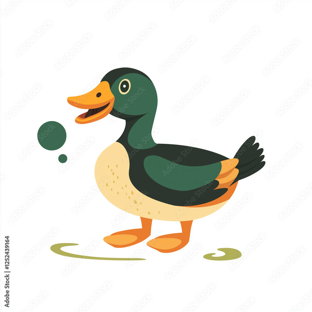 Obraz premium A cute duck with a quack sound bubble next to it, rendered in a bright and playful vector style with smooth lines.
