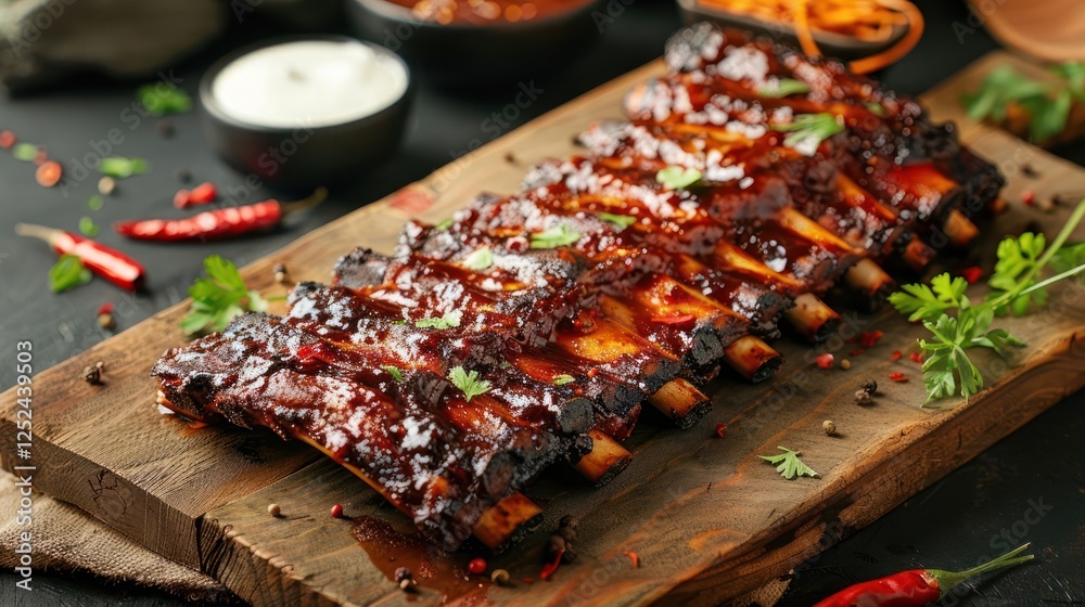 A delicious platter of glazed ribs garnished with herbs, served with sauces.