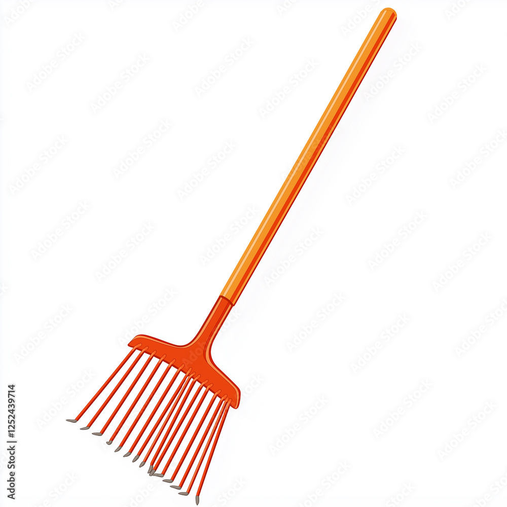 A brightly colored garden rake with a long handle, depicted in a clean, modern vector style, perfect for gardening tasks. A brightly colored garden rake with a long handle, depicted in a clean, modern vector style, perfect for gardening tasks.