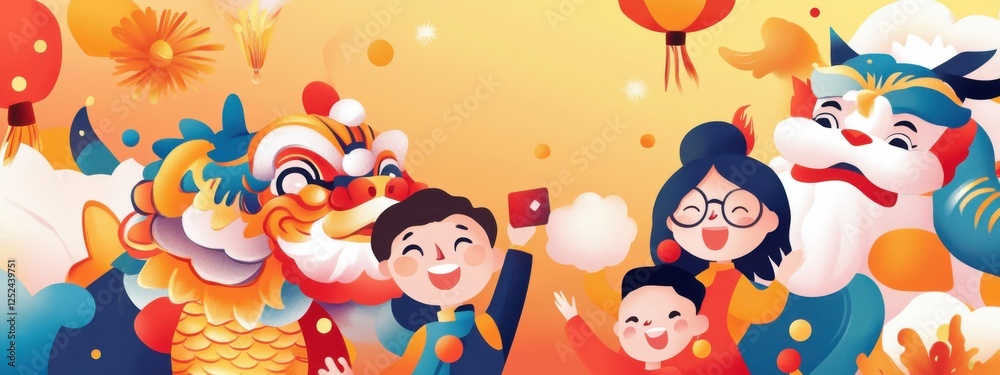 Happy Family Celebrating Traditional Festival with Dragon Dance, Lanterns, and Colorful Decorations in Background Happy Family Celebrating Traditional Festival with Dragon Dance, Lanterns, and Colorful Decorations in Background