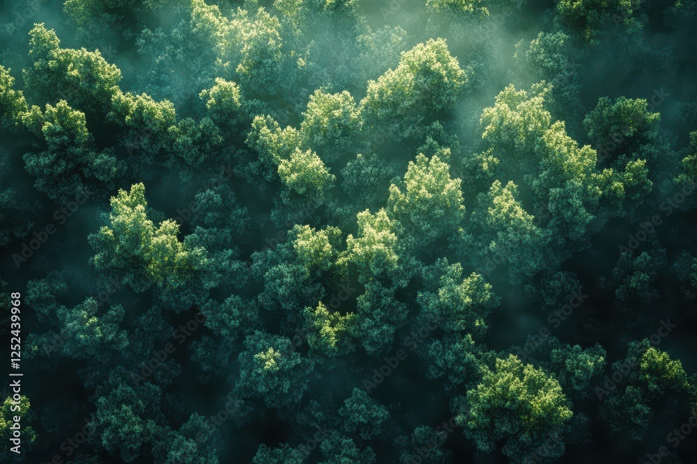 High-angle view of a dense forest shrouded in mist. Lush green trees and foliage create a mystical atmosphere. High-angle view of a dense forest shrouded in mist. Lush green trees and foliage create a mystical atmosphere.
