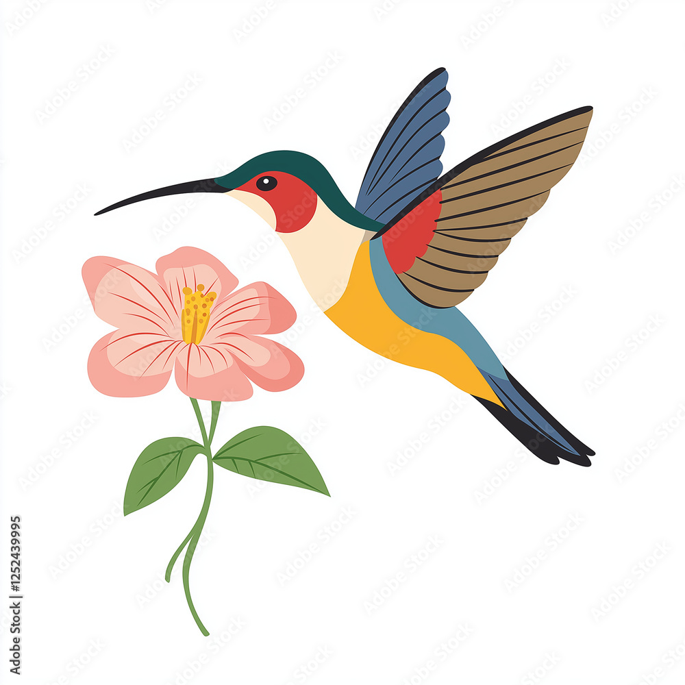 Obraz premium A vibrant vector-style image of a hummingbird hovering near a bright flower, capturing the beauty of nature with clean lines.