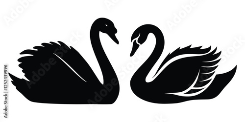 Swan Silhouette Pair Forming, Romantic Swan Silhouette with Heart Necks for Simple Representation in Black and White Designs