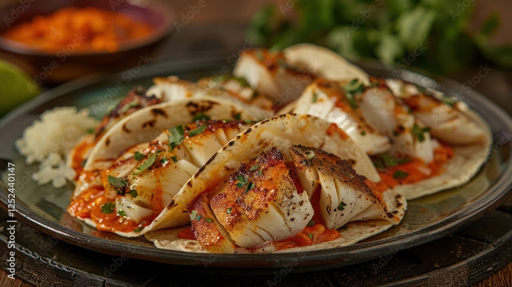 A plate of grilled fish tacos garnished with herbs and served with sauces. A plate of grilled fish tacos garnished with herbs and served with sauces.