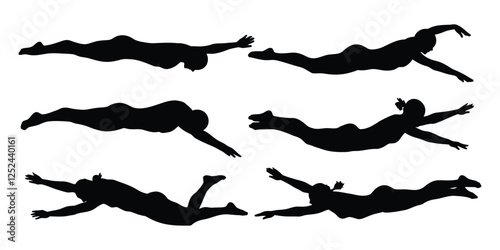 Set of male and female diving board diving silhouette vector illustrations