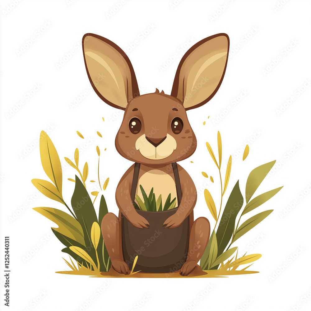 Obraz premium A kangaroo with a pouch surrounded by grass, sitting in a relaxed pose, illustrated in a clean vector style with soft tones.