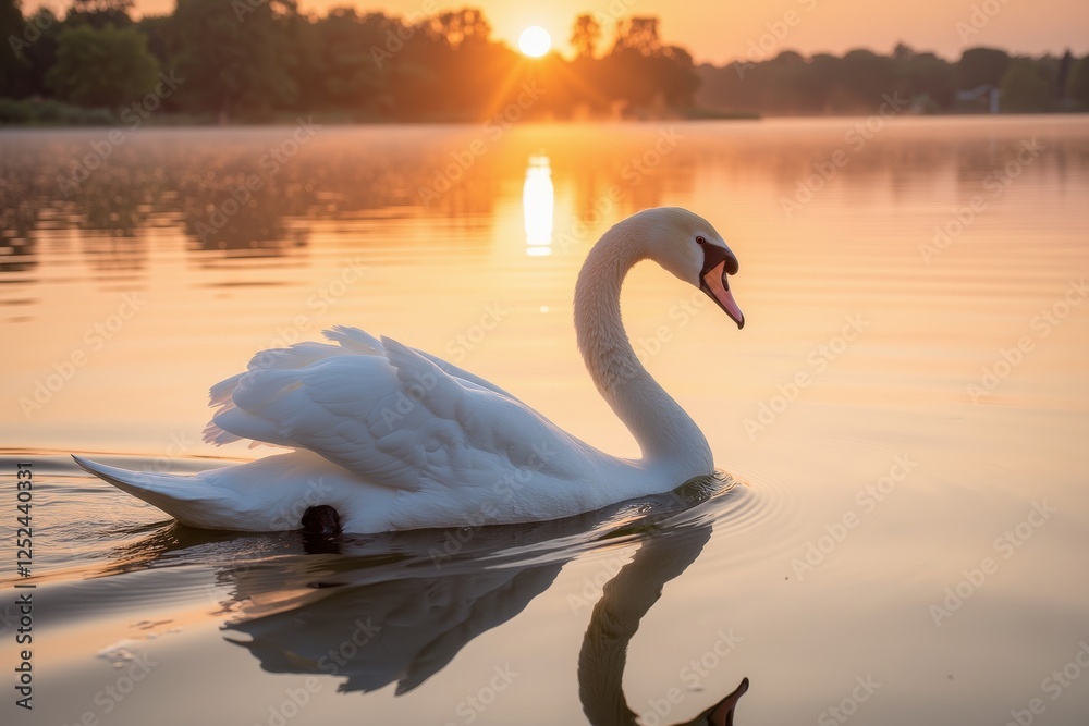 Fototapeta premium An image of a white swan swimming in a golden-lit atmosphere.