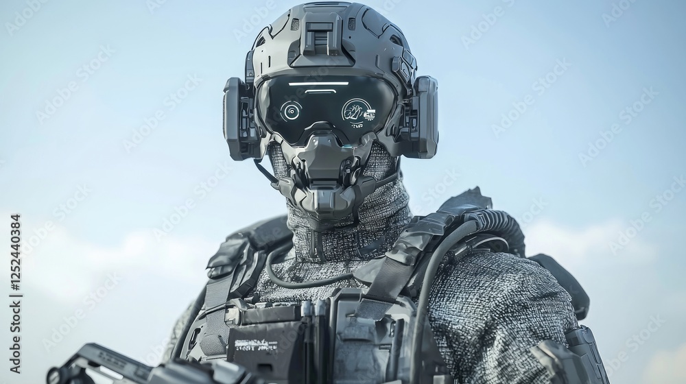 Futuristic soldier with reactive armor in an advanced battlefield setting Futuristic soldier with reactive armor in an advanced battlefield setting