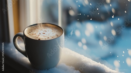 Steaming latte rests by snowy windowpane during peaceful winter flurry