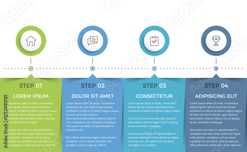 Row of four rectangular elements for your text and circles for your icons, four steps of a process or workflow, infographic template, vector eps10 illustration