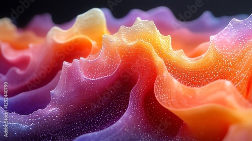 Colorful undulating textures with minuscule beads resting in the valleys and peaks of the surface