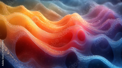 Colorful undulating textures with minuscule beads resting in the valleys and peaks of the surface