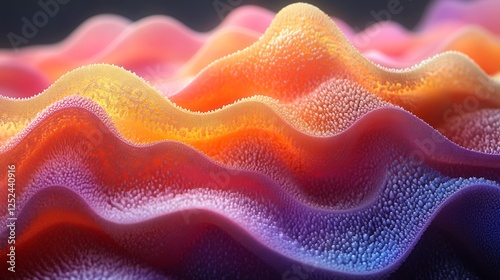Colorful undulating textures with minuscule beads resting in the valleys and peaks of the surface