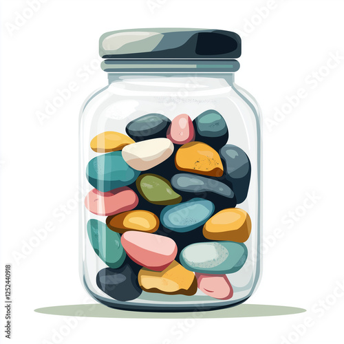 A jar filled with a mix of smooth, colorful pebbles, designed with subtle details to emphasize the variety of textures and colors in the collection.