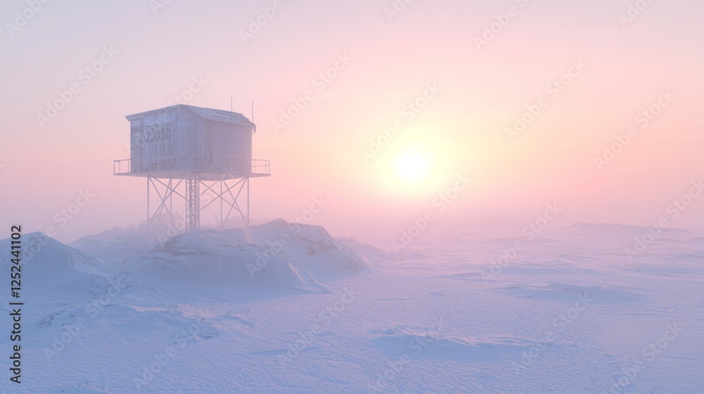 Icy Watchtower Scanning Landscape at Dawn with Soft Pastel Colors Icy Watchtower Scanning Landscape at Dawn with Soft Pastel Colors