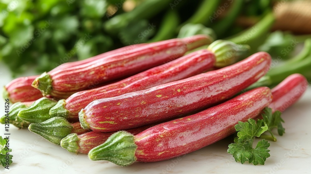 Fresh and vibrant okra vegetable with green leafy background. Generative AI Fresh and vibrant okra vegetable with green leafy background. Generative AI