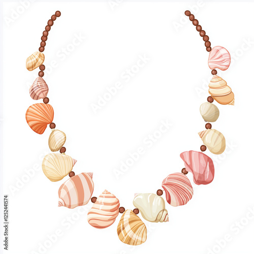 A necklace made of small seashells in soft colors, designed with a beachy aesthetic. The necklace features a mix of shells in a charming pattern.