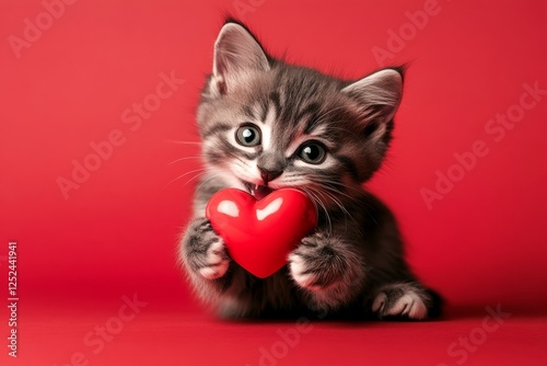 Ad graphic artwork. Cute kurilian bobtail young cat with domestic animal toy red heart - sign of love, funny greeting card. Kurilian bobtail - my treasured cat. Cute february 14 cat. Cute pet. photo