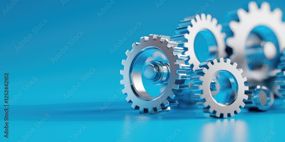 Silver Gears on a Blue Background, Perfect for Industrial Concepts, Business Design, Technology, Mechanical Engineering, and Innovation Themes Silver Gears on a Blue Background, Perfect for Industrial Concepts, Business Design, Technology, Mechanical Engineering, and Innovation Themes