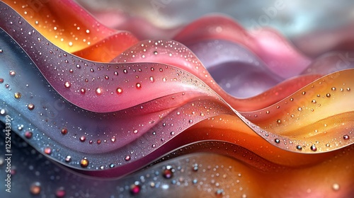Organic-like abstract scene showcasing reflective beads on undulating textures of multiple hues