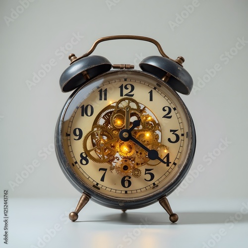 Vintage Alarm Clock with Exposed Gear Mechanism and Illuminated Gears Time Management Concept photo