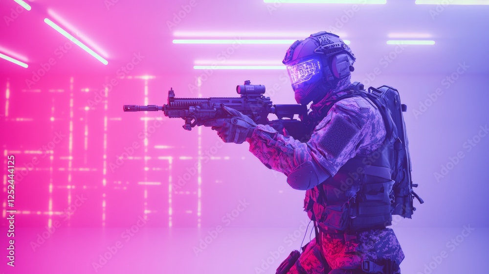 Soldier in Exoskeleton Gear Training with Weapon in Neon Environment Soldier in Exoskeleton Gear Training with Weapon in Neon Environment