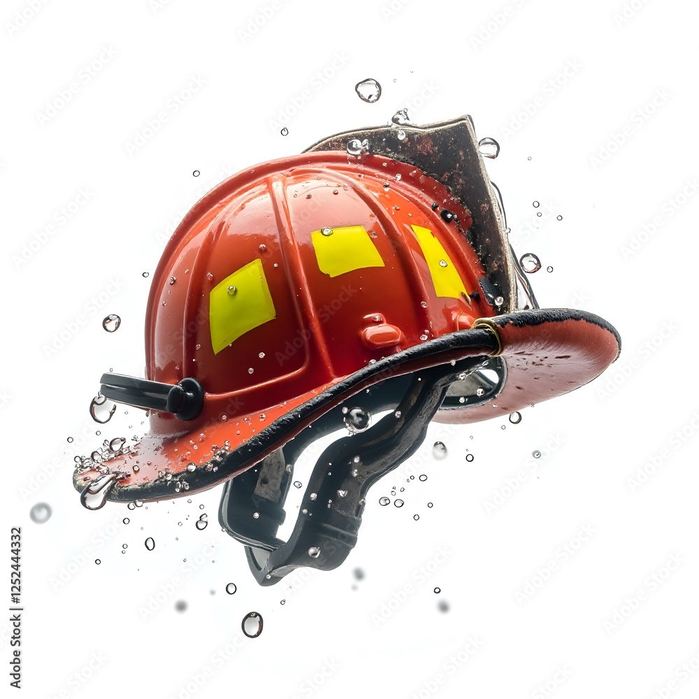 Naklejka premium Water Soaked Firefighter Helmet Emergency Rescue Safety Gear Closeup