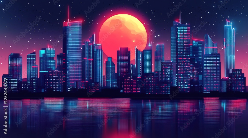 Fototapeta premium Neon Cityscape at Night under a Crimson Moon: A Retrofuturistic Digital Painting